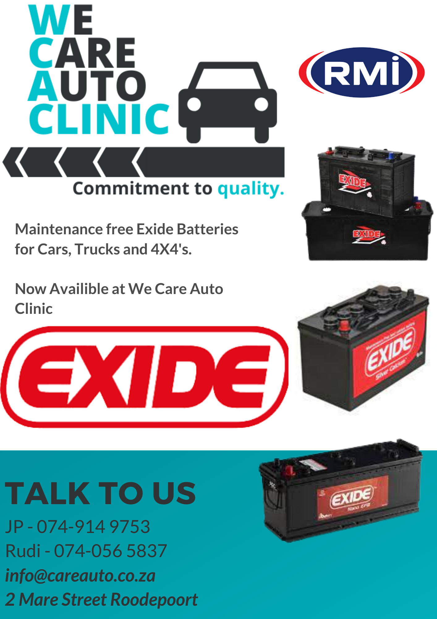 Maintance free Exide Batteries for Cars, Trucks and 4X4's